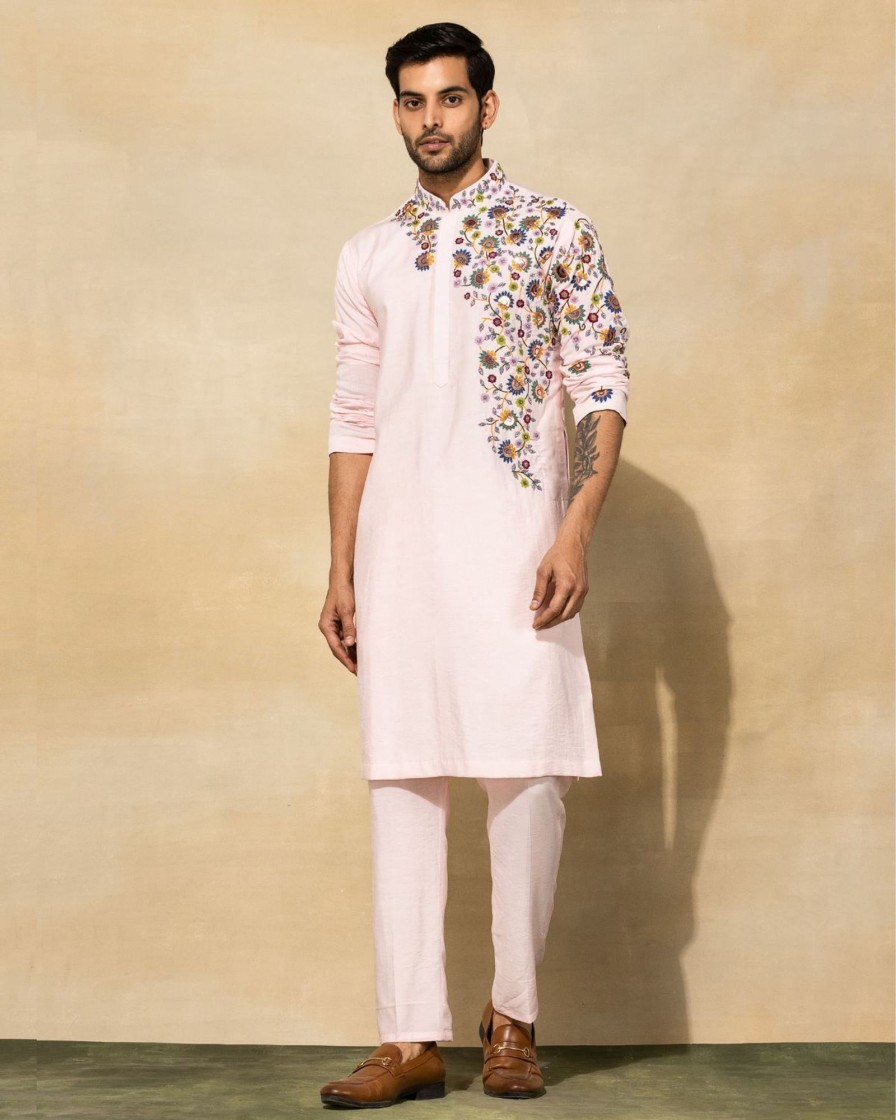 Mens Diya Rajvvir Mens | Blush Pink Acrylic Cutdana Embroidered Kurta Set