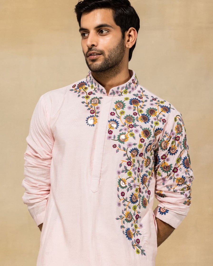 Mens Diya Rajvvir Mens | Blush Pink Acrylic Cutdana Embroidered Kurta Set