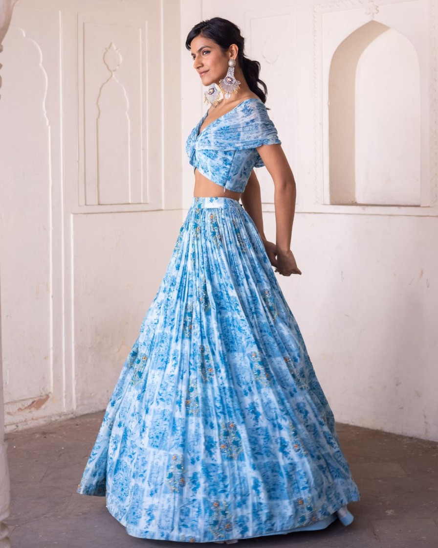 Womens Label Anushree | Blue Off Shoulder Lehenga Set