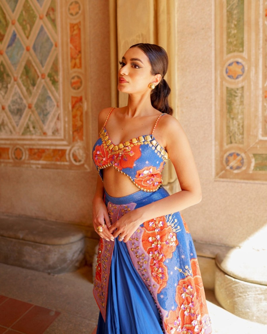 Womens Papa Don't Preach | Flambe- Blue Dhoti Jumpsuit With Orange Printed Flowers