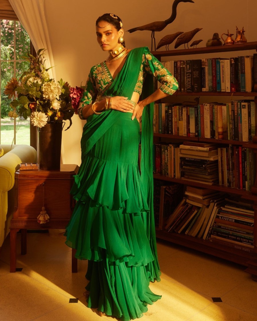 Womens Paulmi u0026 Harsh | Emerald Green Sari Set With Belt