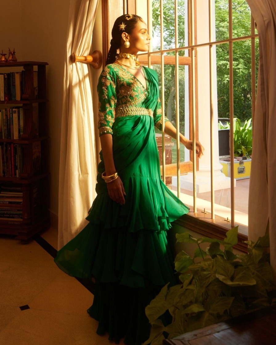 Womens Paulmi u0026 Harsh | Emerald Green Sari Set With Belt