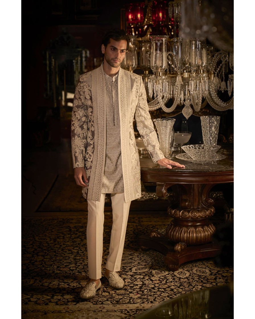 Mens Seema Gujral Mens | Silver Grey Open Jacket Set