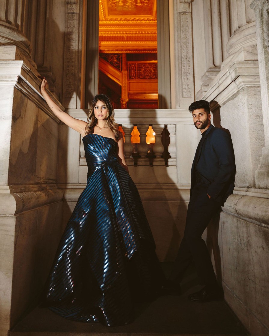 Bridal Amit Aggarwal | Ink Blue Hand Woven Structured Gown