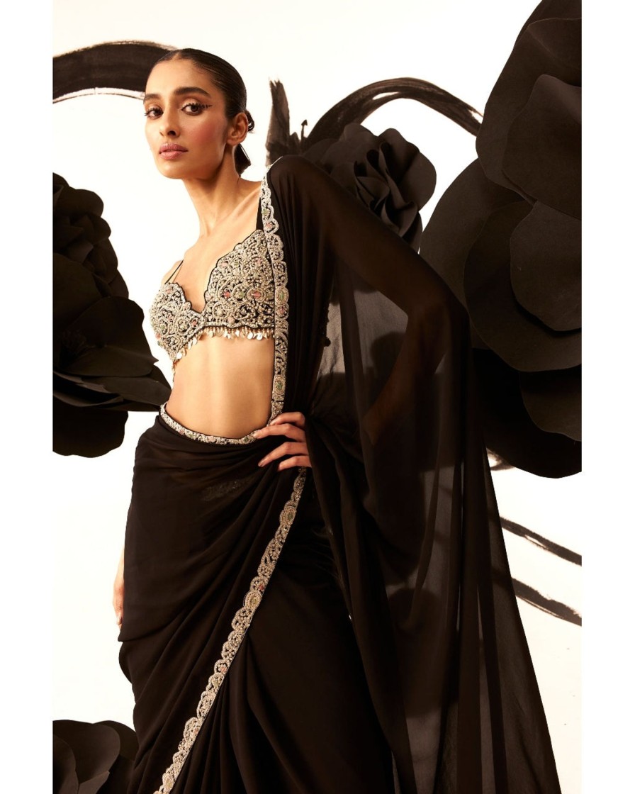 Womens Bhumika Sharma | Black 6 Yard Embroidered Sari