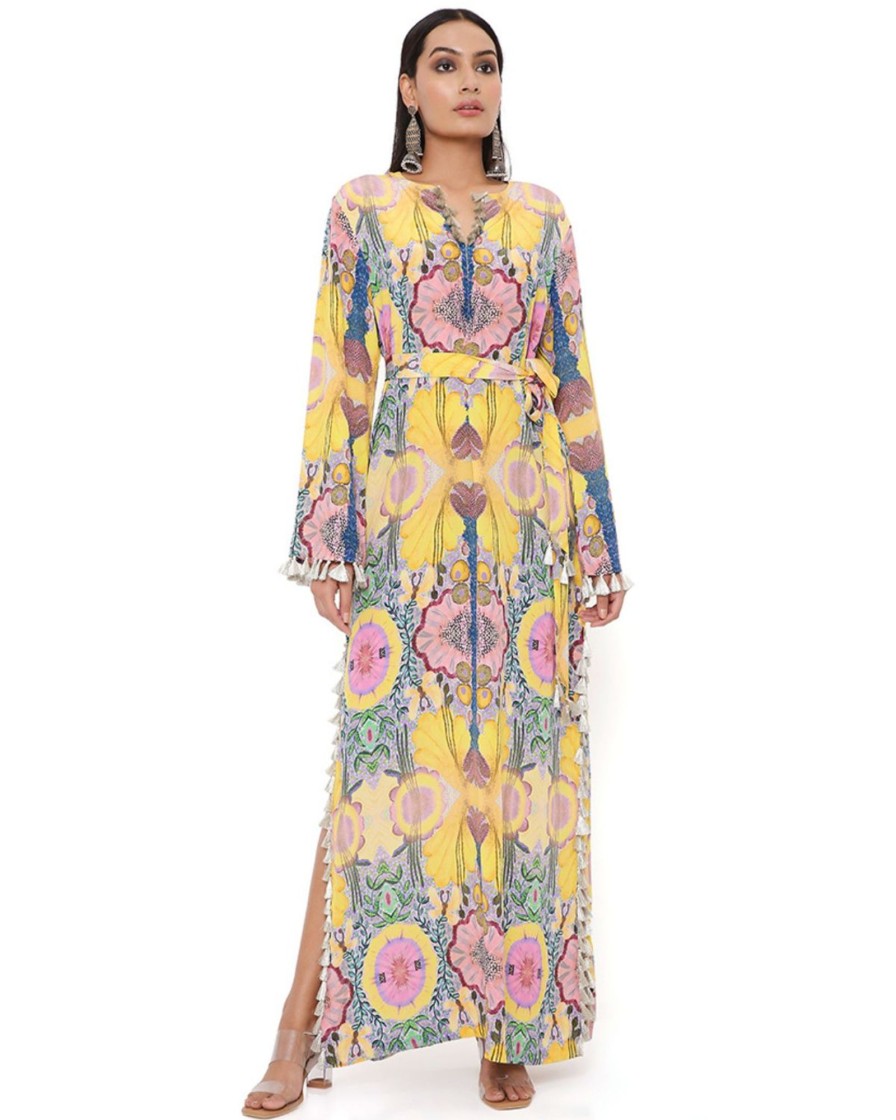 Womens Payal Singhal | Yellow Enchanted Kaftan