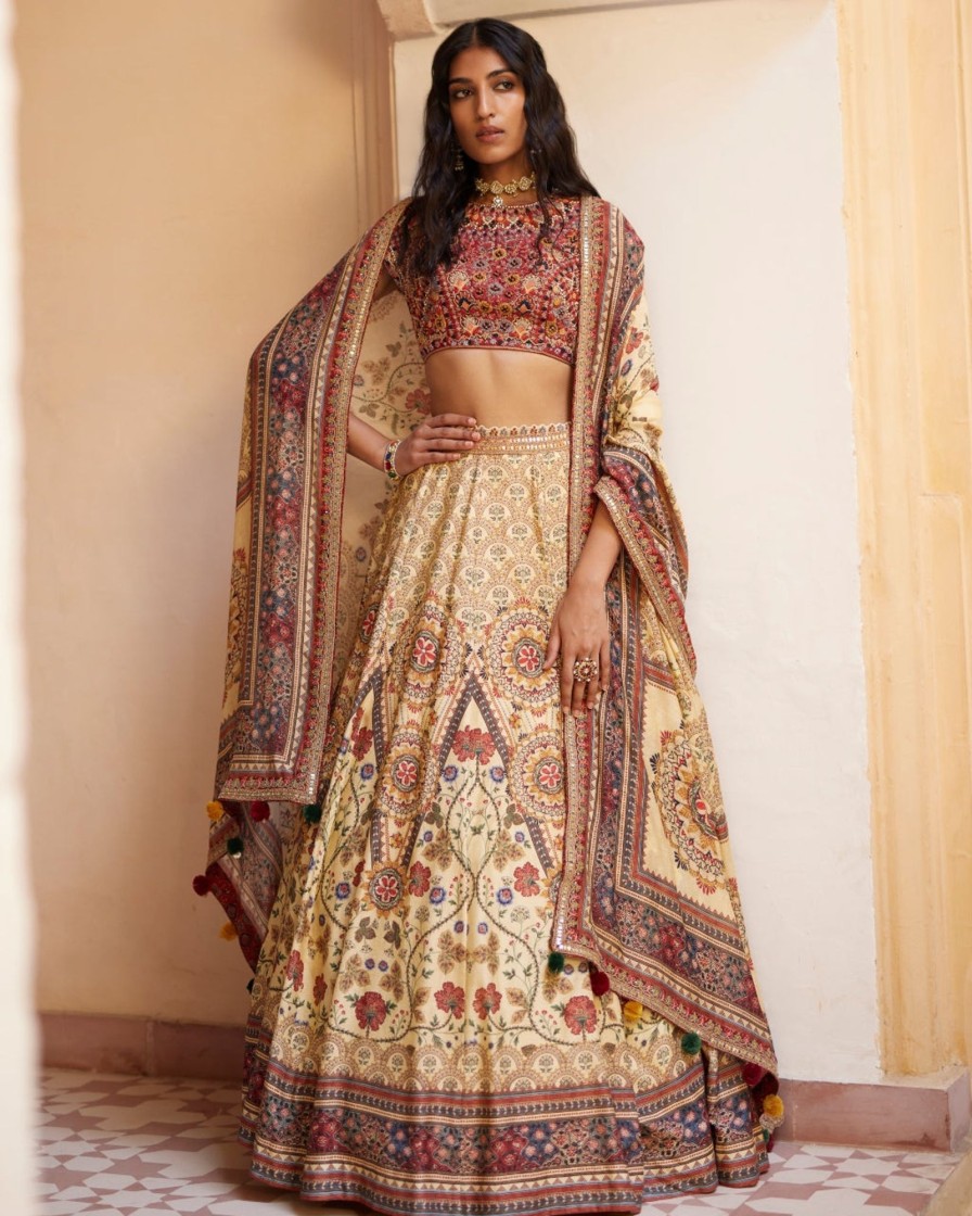 Womens Label Anushree | Rust Embroidered Paneled Lehengas Set