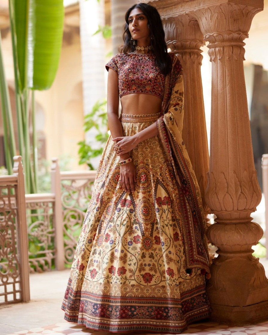 Womens Label Anushree | Rust Embroidered Paneled Lehengas Set