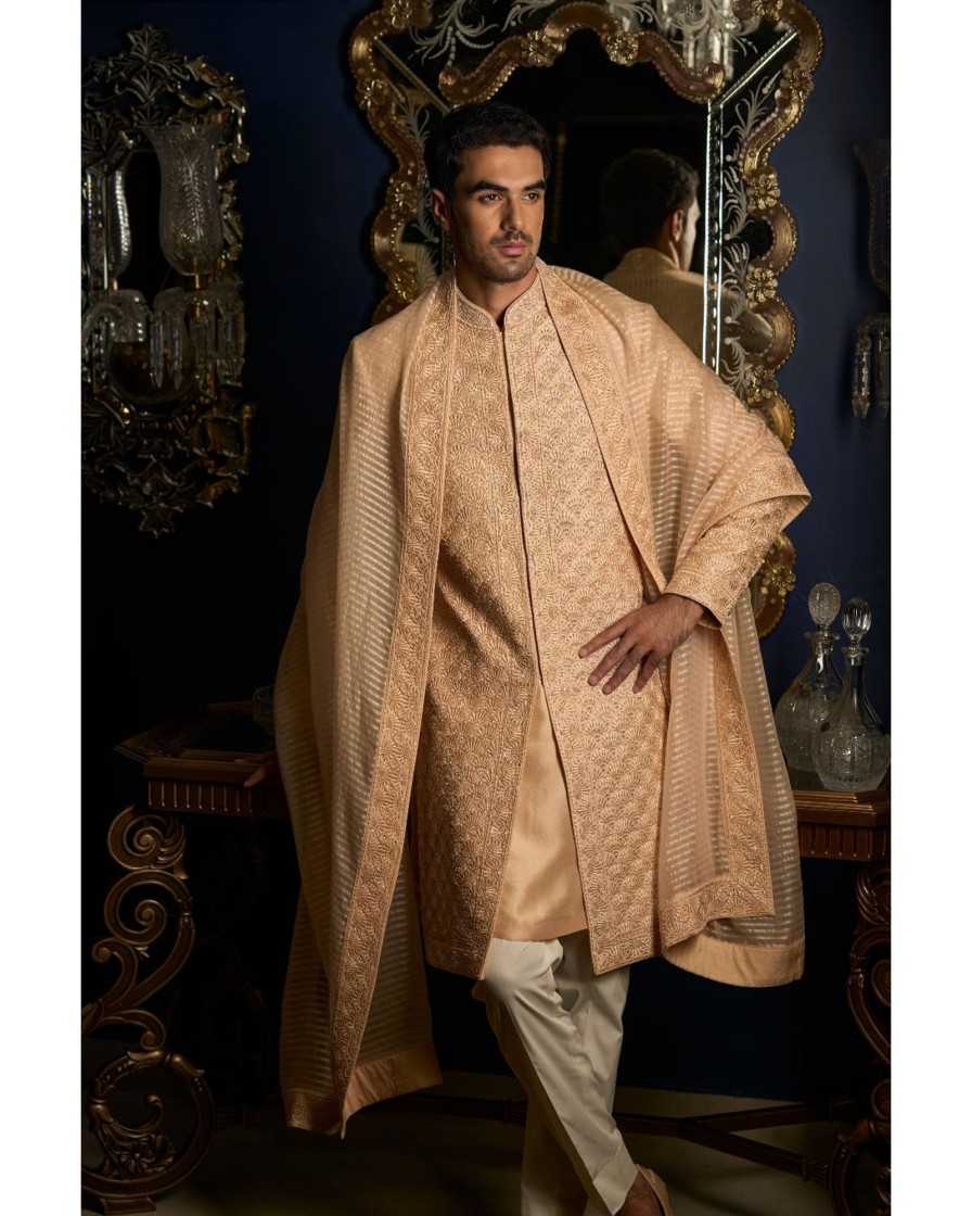 Mens Seema Gujral Mens | Peach Thread Sequin Sherwani Set