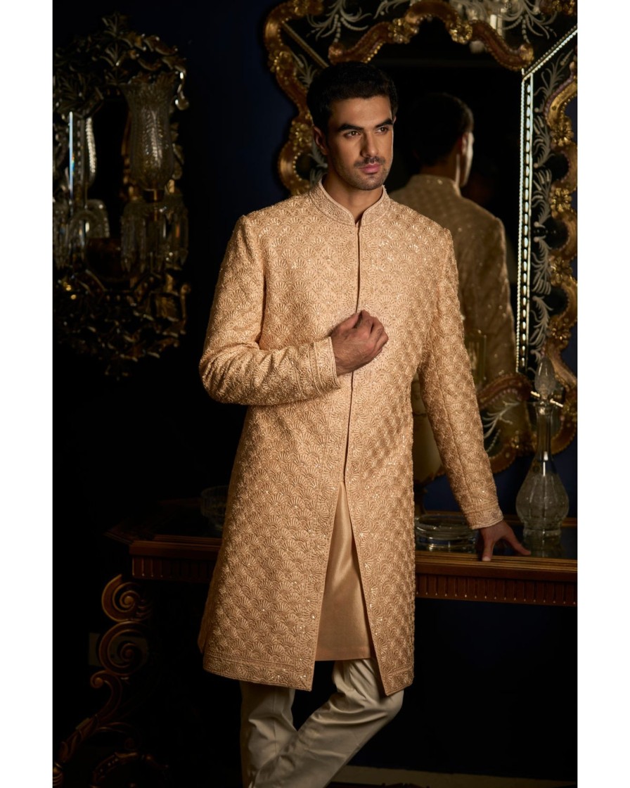 Mens Seema Gujral Mens | Peach Thread Sequin Sherwani Set