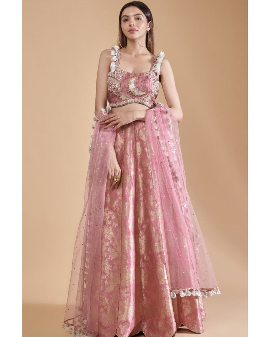 Womens Payal Singhal | Rose Pink Embroidered Bustier With Lehenga Set