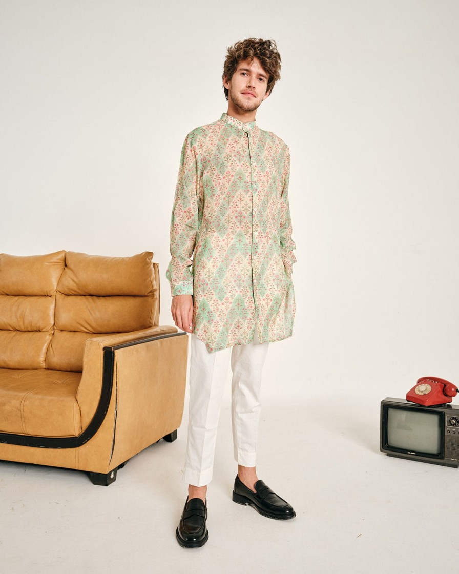 Mens Project Bandi | Cream And Jade Gul Malai Cotton Kurta Pajama Set