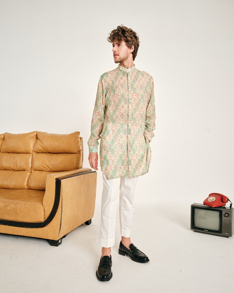 Mens Project Bandi | Cream And Jade Gul Malai Cotton Kurta Pajama Set