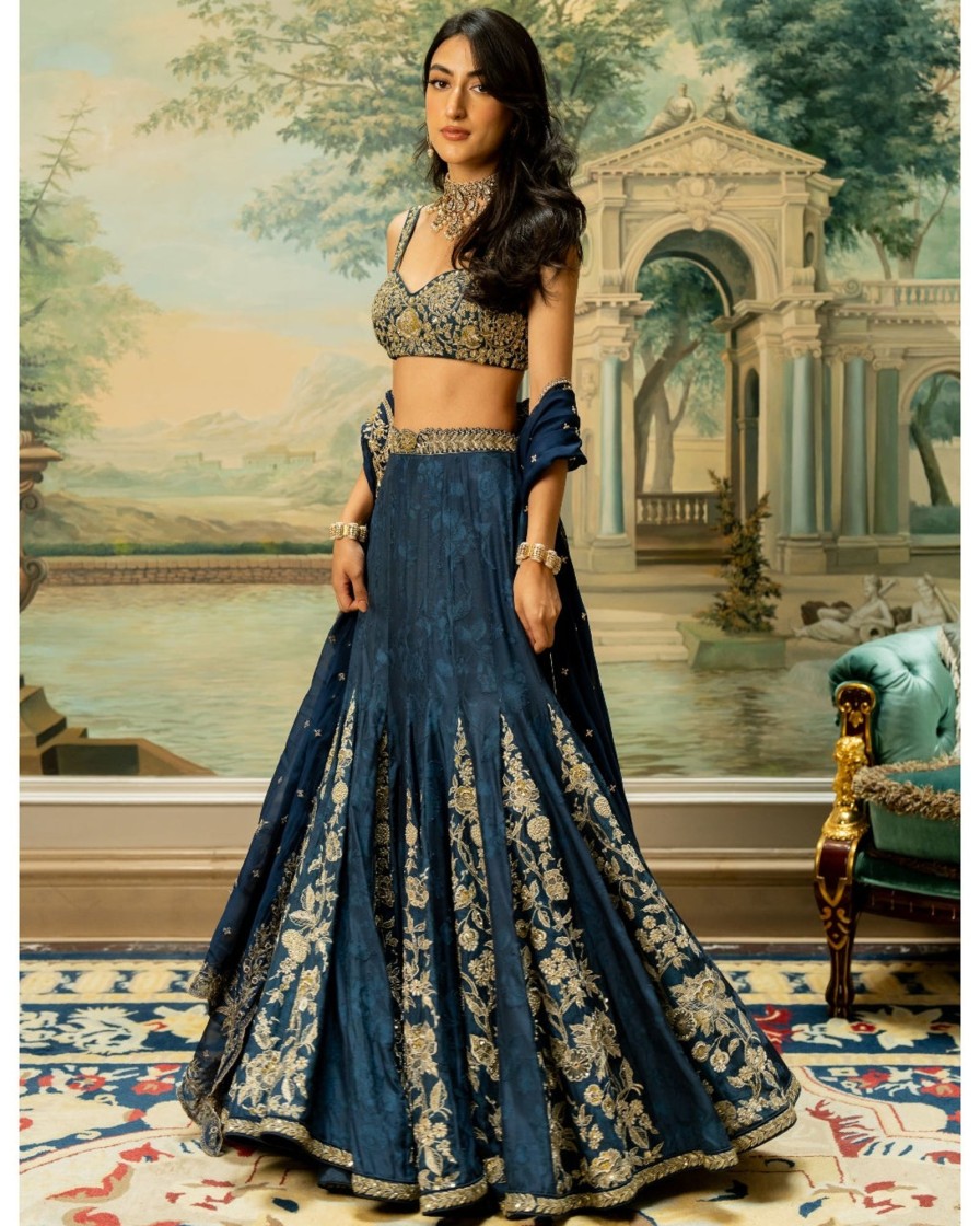 Womens Paulmi u0026 Harsh | Blue Self Woven Kali Embroidered Lehenga Set