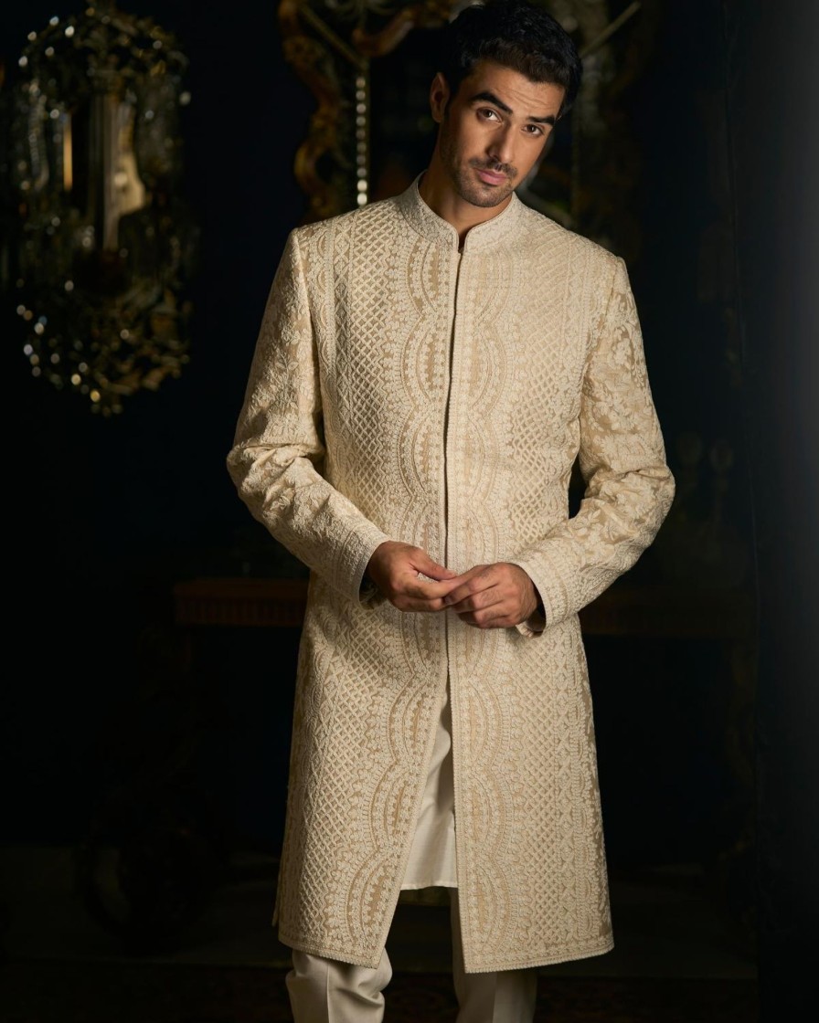 Mens Seema Gujral Mens | Nude Cream Dori Sherwani Set