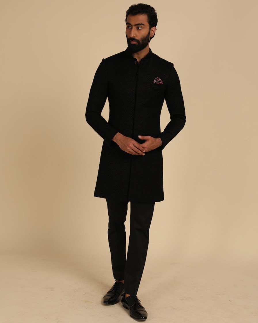 Mens Arjan Dugal | Black Silk Georgette Embroidered Achkan Set