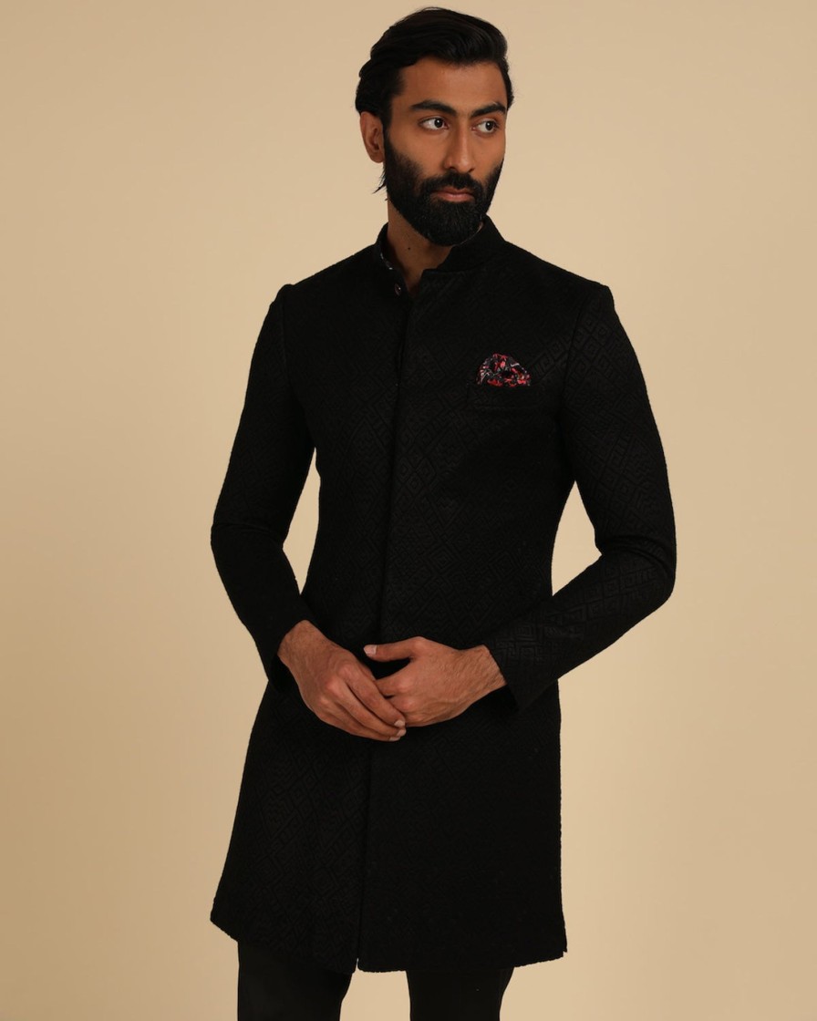 Mens Arjan Dugal | Black Silk Georgette Embroidered Achkan Set