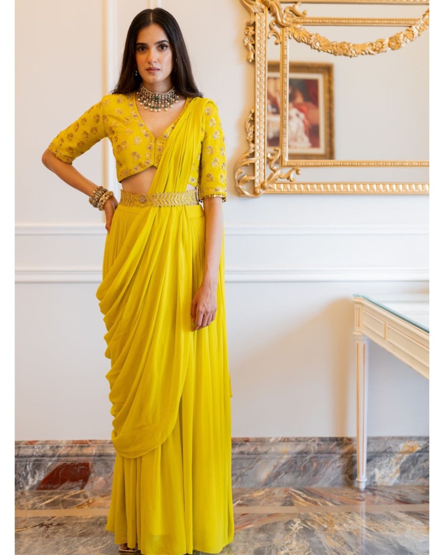 Womens Paulmi u0026 Harsh | Lime Yellow Antique Embroidered Sari Set