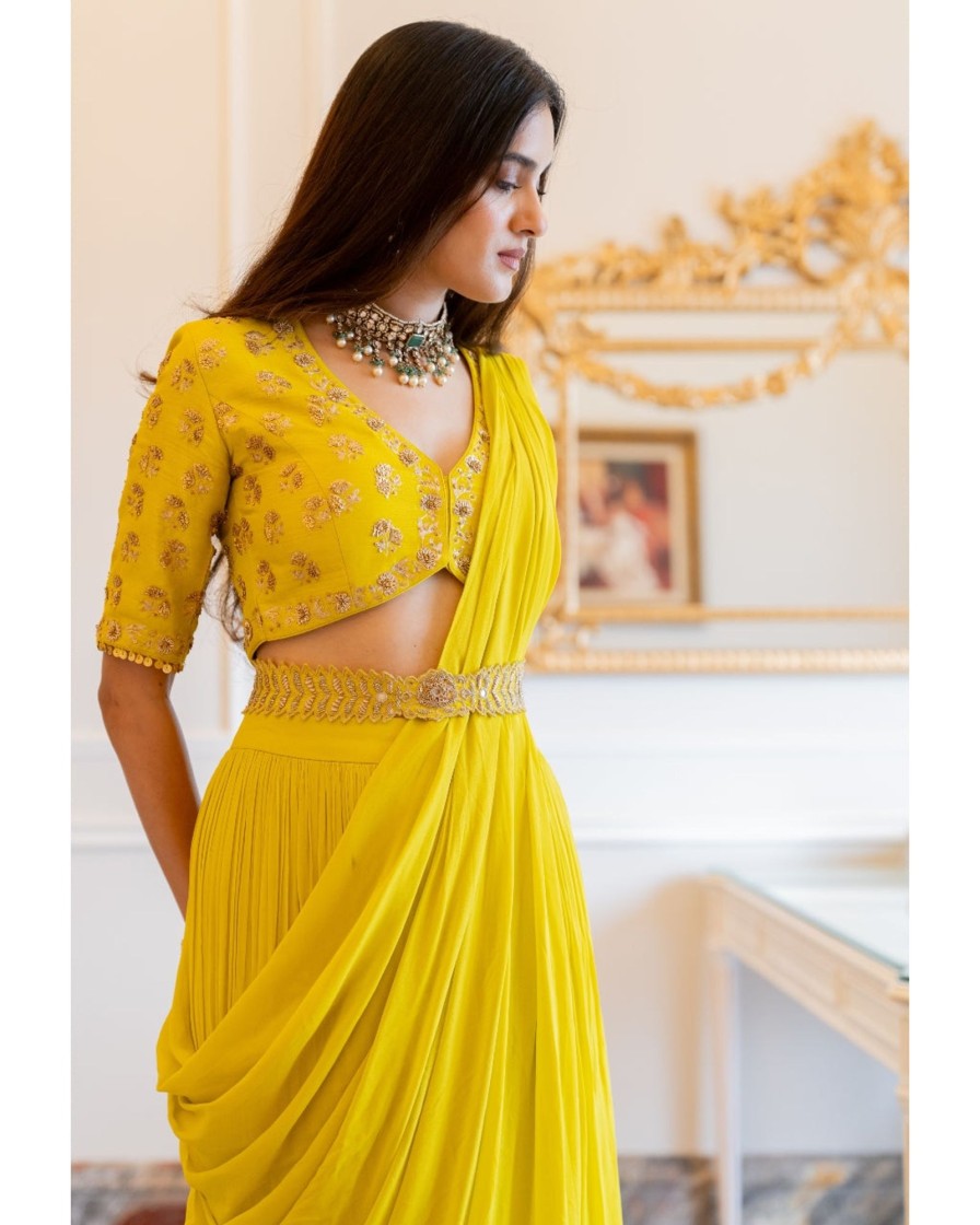 Womens Paulmi u0026 Harsh | Lime Yellow Antique Embroidered Sari Set