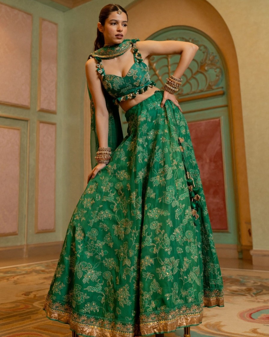 Womens Paulmi u0026 Harsh | Emerald Green Self Woven Jacquard Lehenga Set