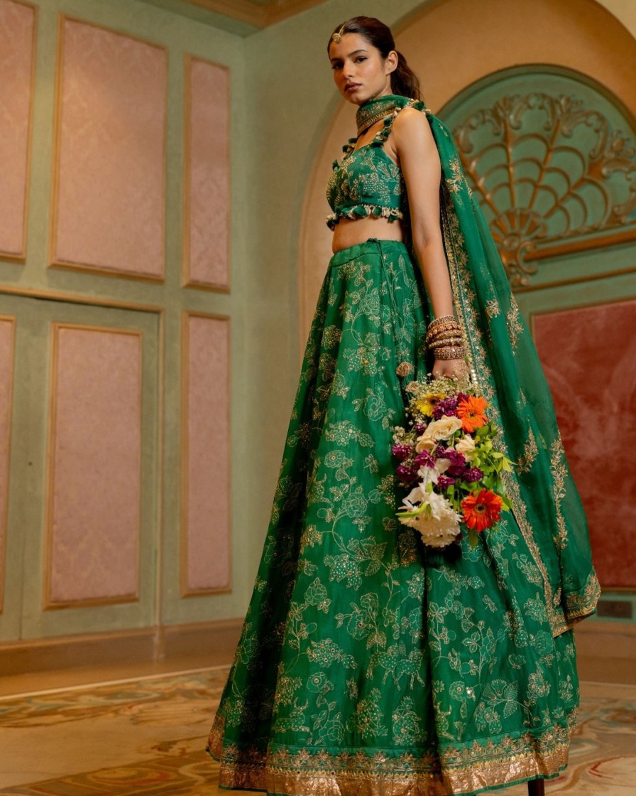 Womens Paulmi u0026 Harsh | Emerald Green Self Woven Jacquard Lehenga Set