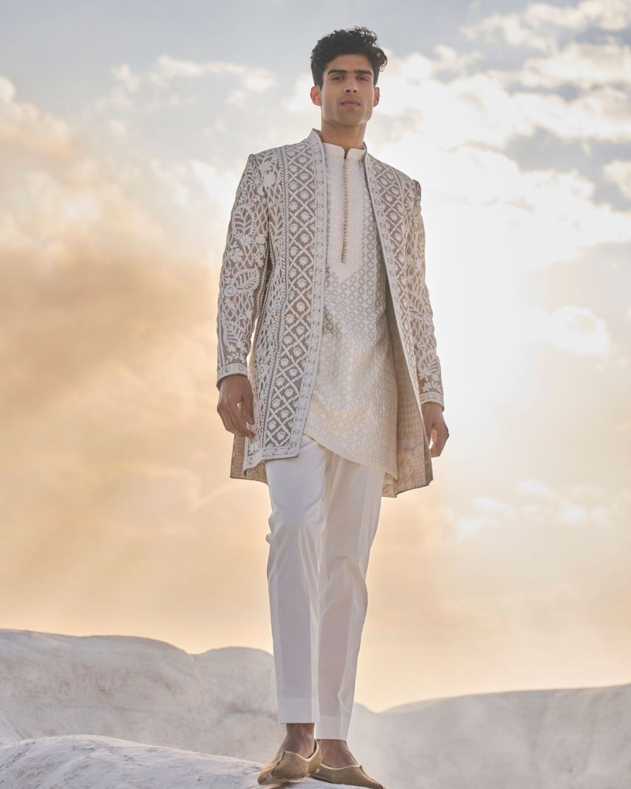 Mens Seema Gujral Mens | Nude Cream Open Sherwani Set