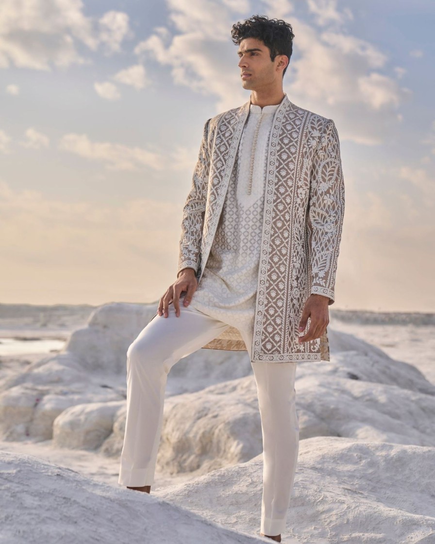 Mens Seema Gujral Mens | Nude Cream Open Sherwani Set