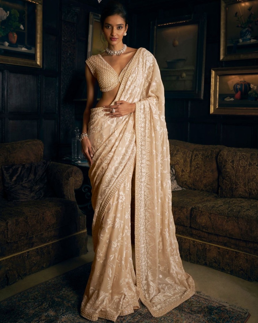 Womens Seema Gujral | Nude Thread Work Sari Set