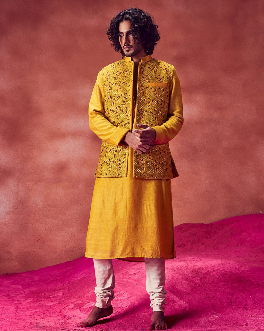 Mens Punit Balana Menswear | Yellow Silk Embroidered Bandi Jacket With Kurta Set