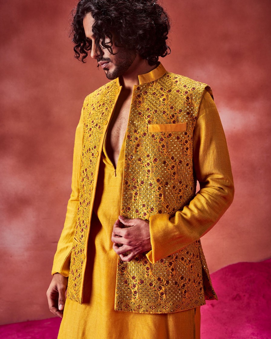 Mens Punit Balana Menswear | Yellow Silk Embroidered Bandi Jacket With Kurta Set