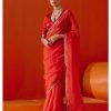 Womens Devnaagri | Red Multi Hued Dori Embroidered Organza Sari