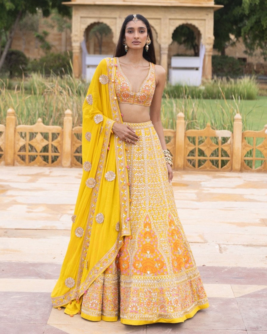 Bridal Arpita Mehta | Yellow Colourful Mirror Embroidered Lehenga Set