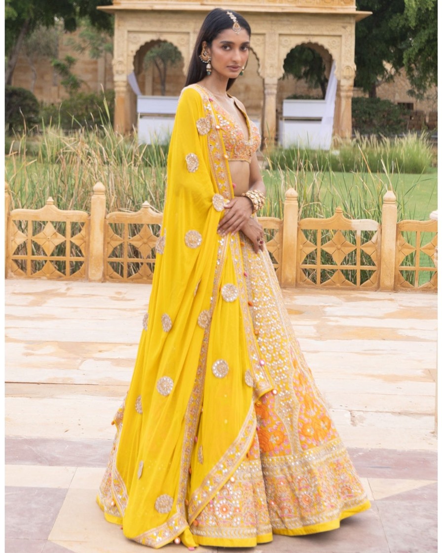 Bridal Arpita Mehta | Yellow Colourful Mirror Embroidered Lehenga Set