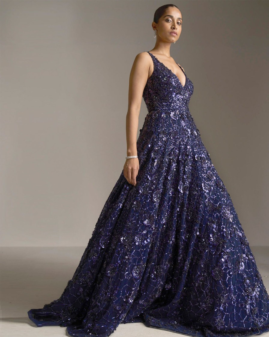 Womens Seema Gujral | Navy Blue Sequin Gown