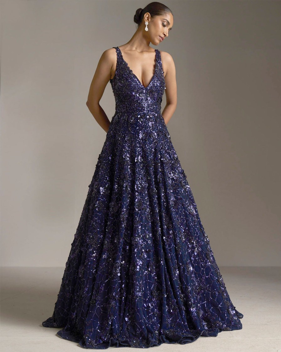 Womens Seema Gujral | Navy Blue Sequin Gown