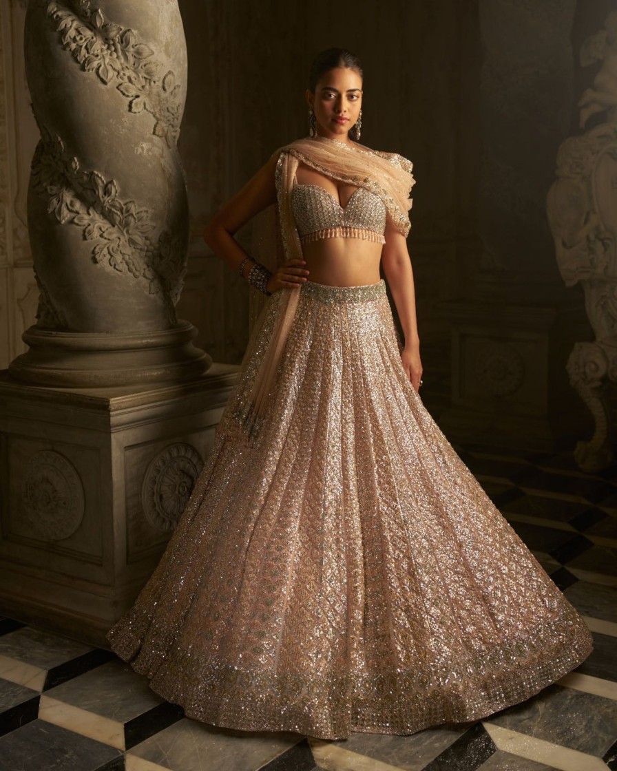 Bridal Seema Gujral | Powder Peach Sequin Lehenga Set