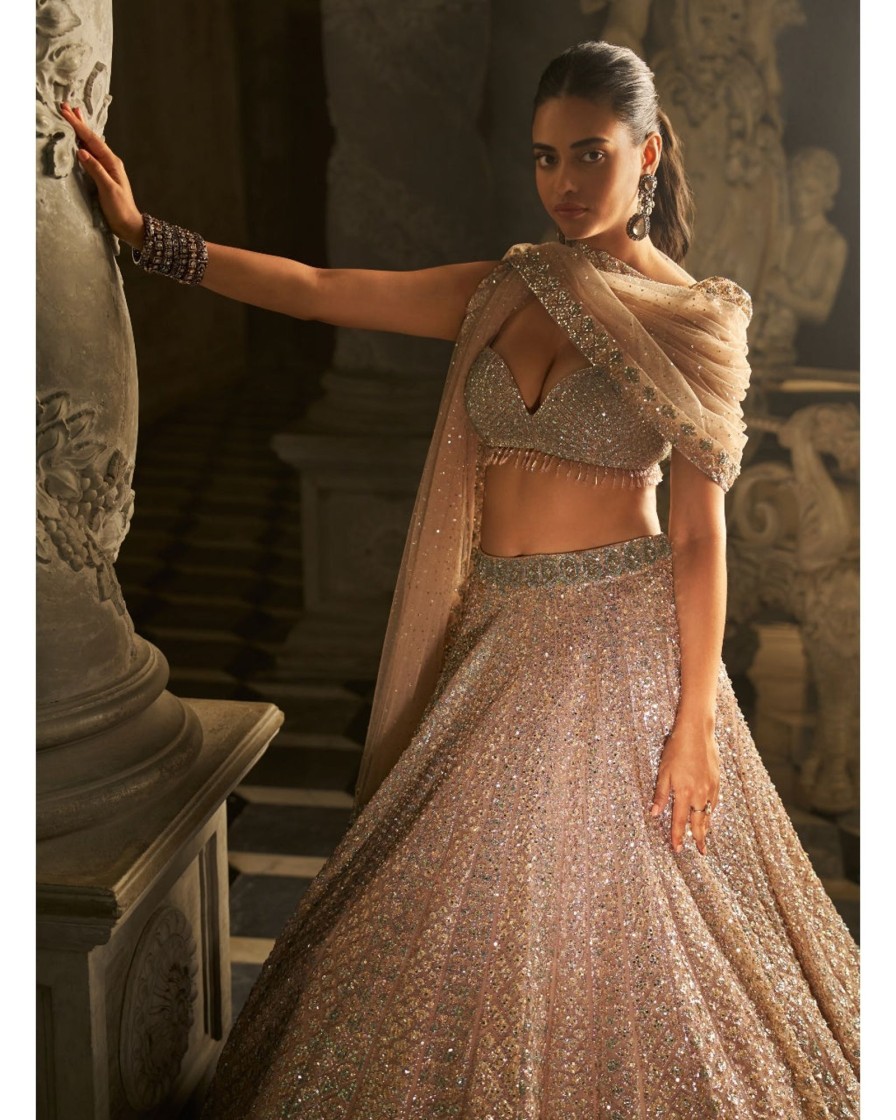 Bridal Seema Gujral | Powder Peach Sequin Lehenga Set