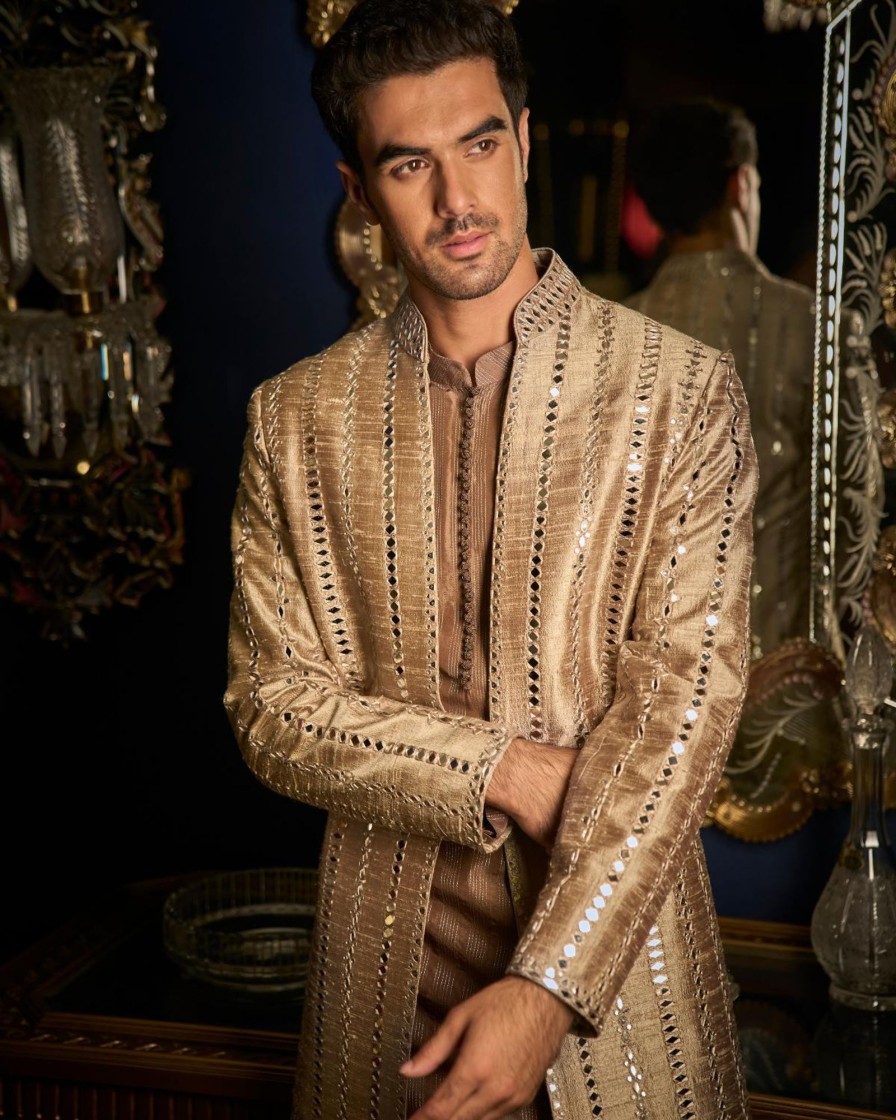 Mens Seema Gujral Mens | Coffee Mirror Open Sherwani Set