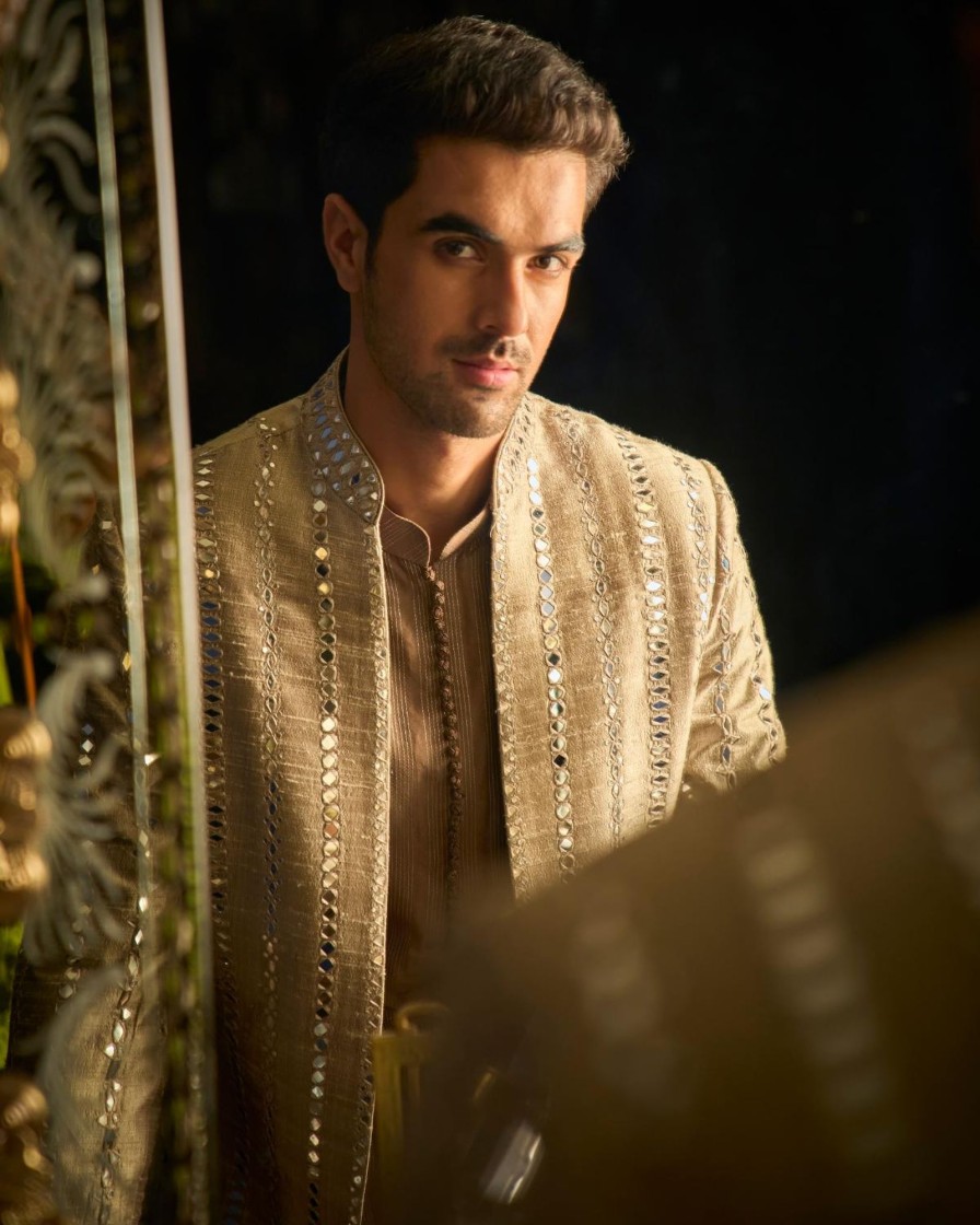 Mens Seema Gujral Mens | Coffee Mirror Open Sherwani Set