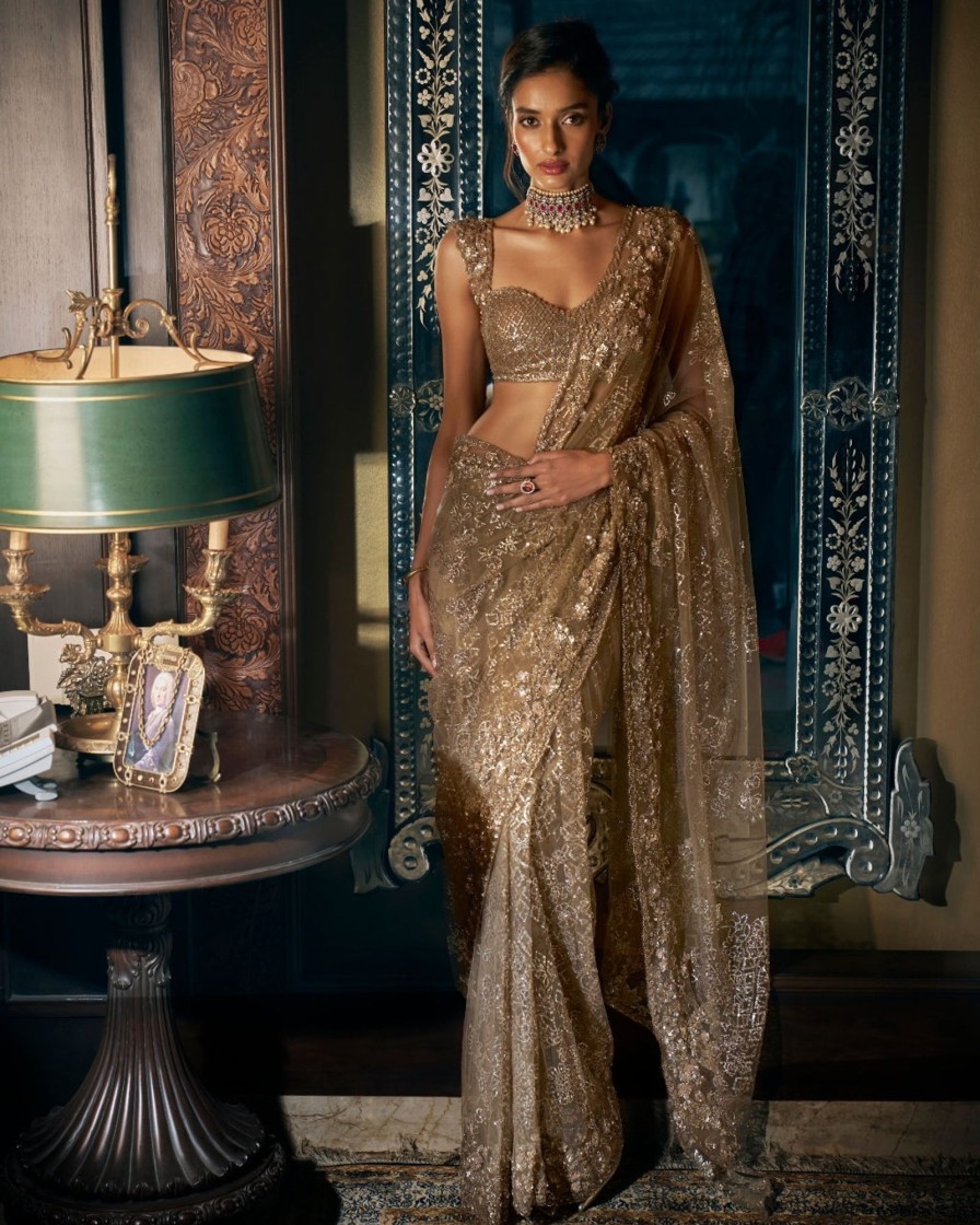 Womens Seema Gujral | Antique Gold Sequin Sari Set