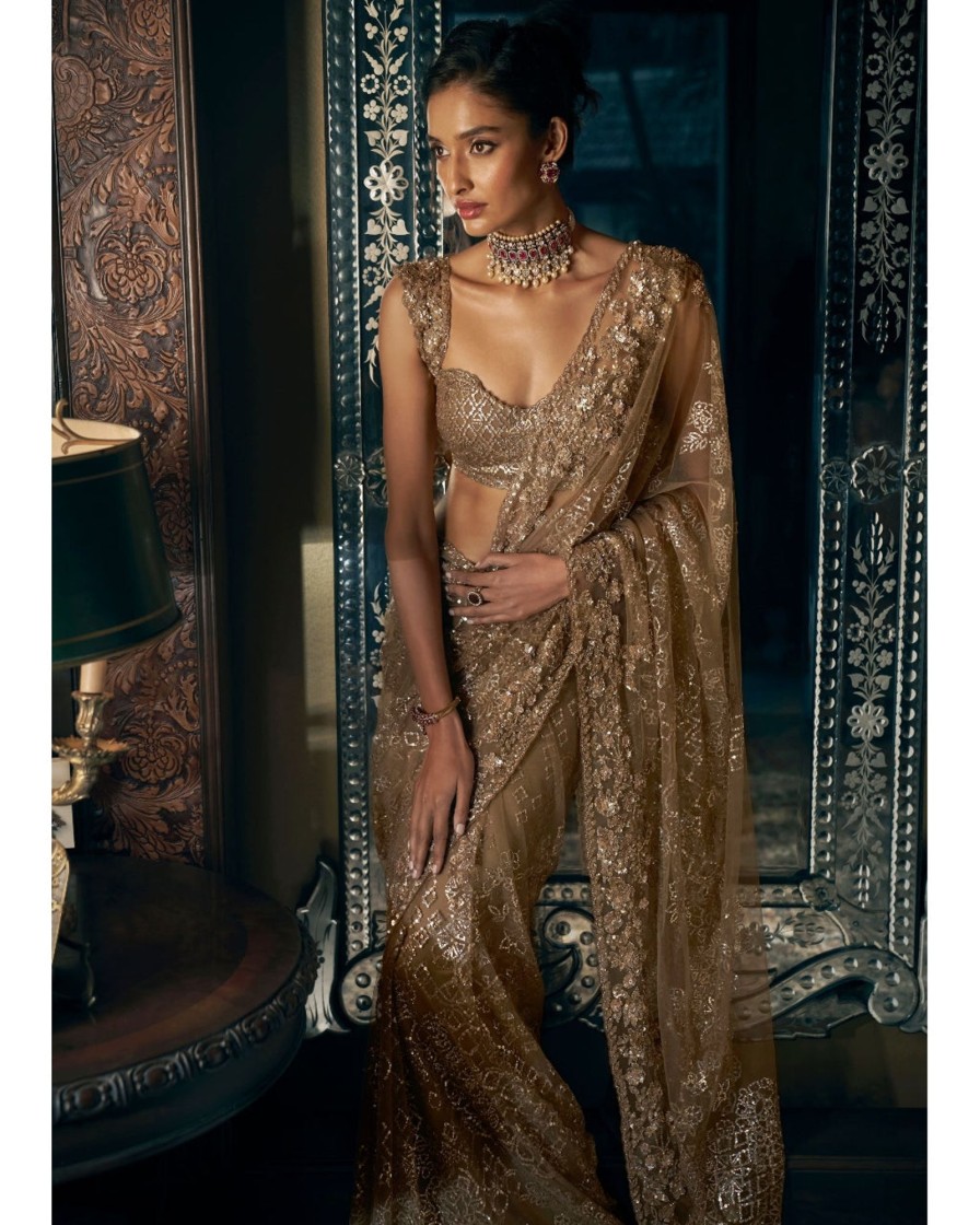 Womens Seema Gujral | Antique Gold Sequin Sari Set