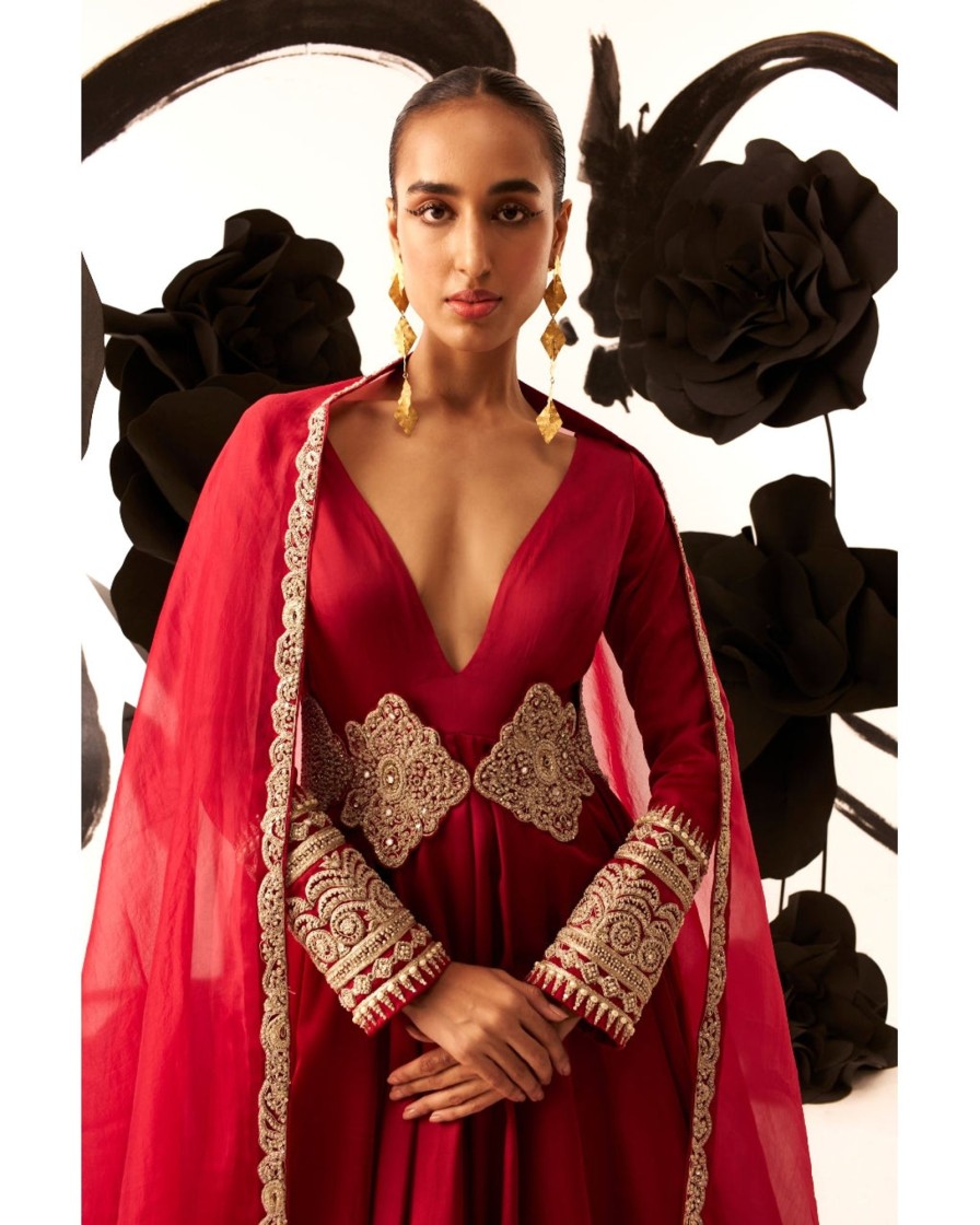 Womens Bhumika Sharma | Retro Red Belted V Neck Anarkali Set