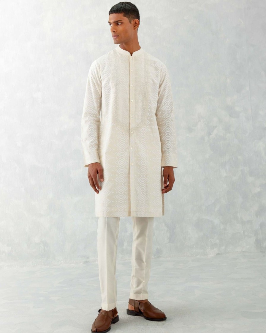 Mens Devnaagri Mens | Ivory Ikat Print Chanderi Kurta Set