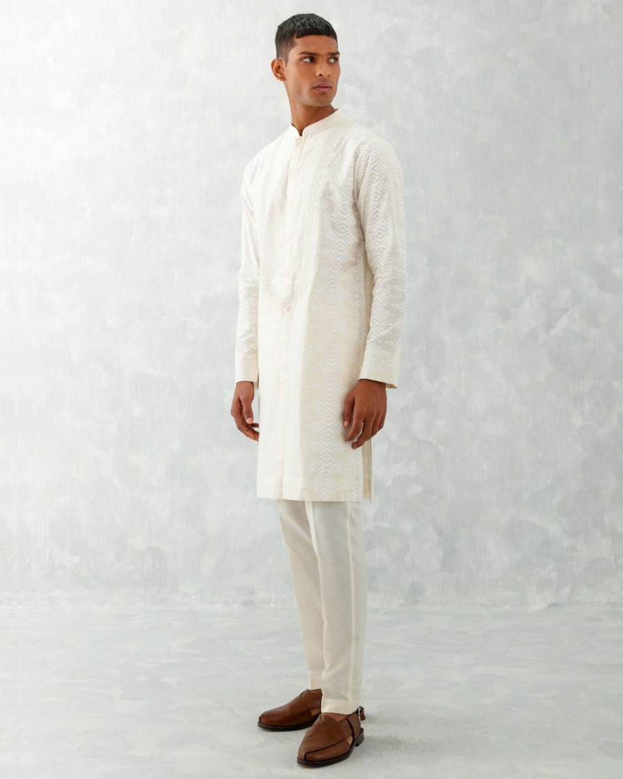 Mens Devnaagri Mens | Ivory Ikat Print Chanderi Kurta Set