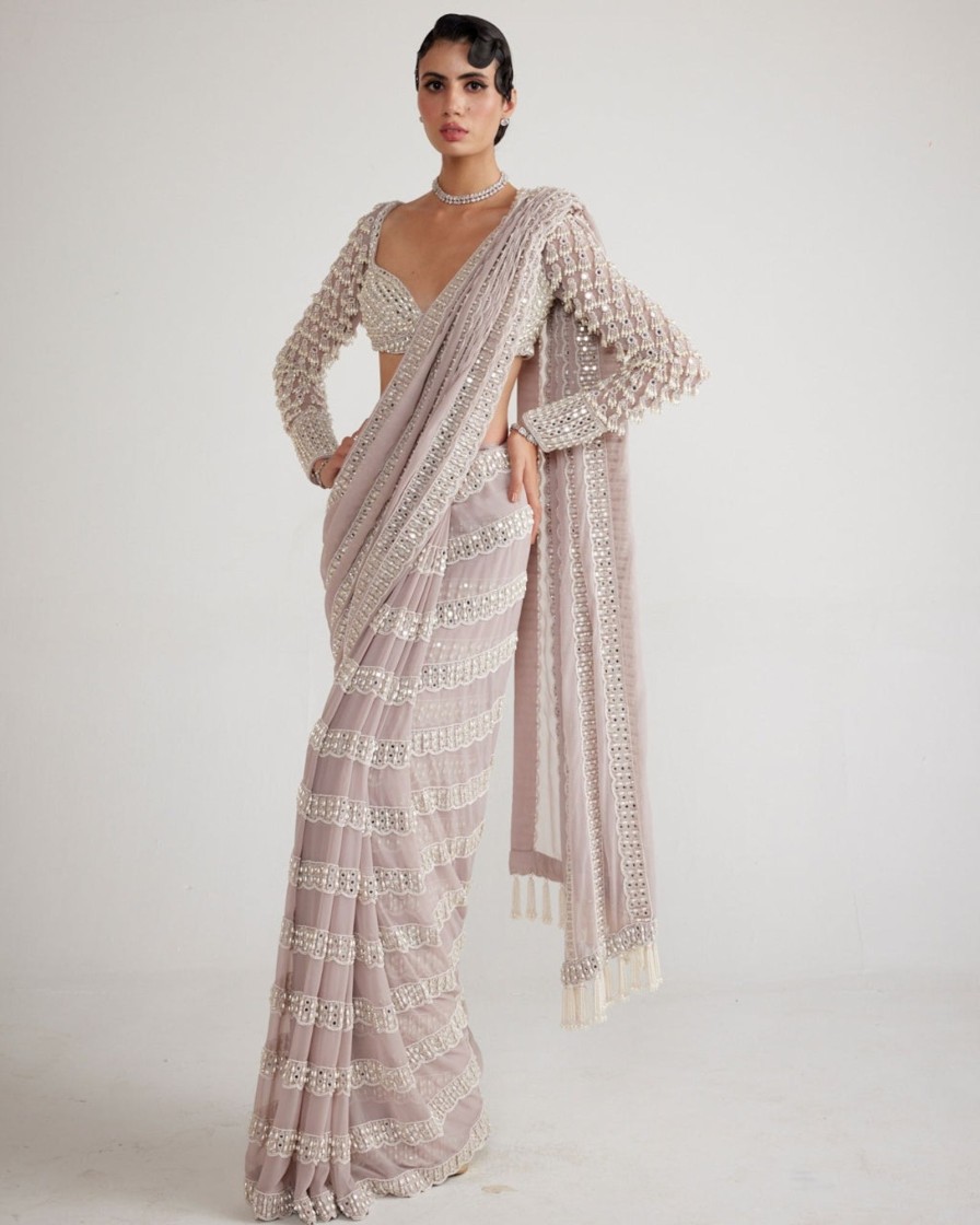 Womens Vvani by Vani Vats | Ash Pink Chandelier Pearl Drop Sari Set