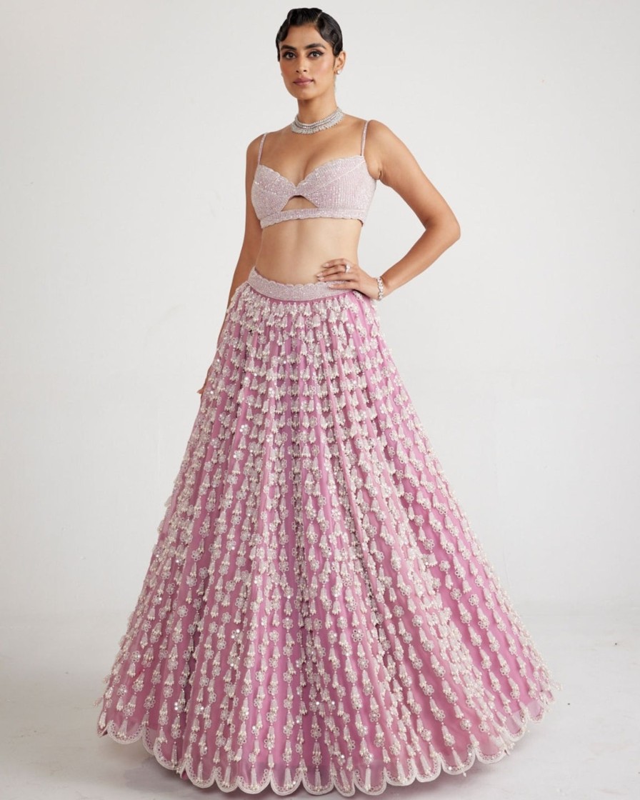 Womens Vvani by Vani Vats | Onion Pink Chandelier Pearl Drop Lehenga Set