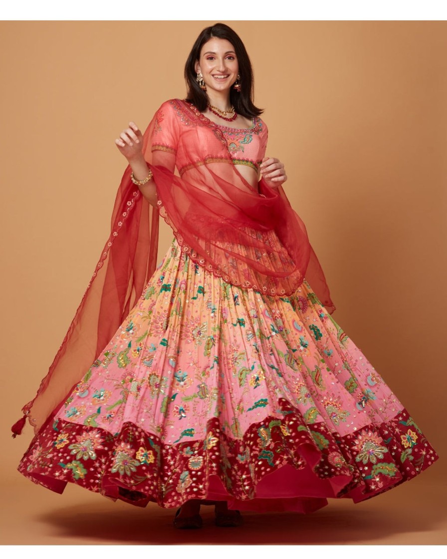 Womens Siddhartha Bansal | Peach-Pink Ombre Embroidered Lehenga Set