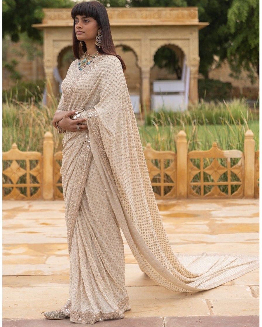 Womens Arpita Mehta | Coconut Embroidered Classic Sari Set