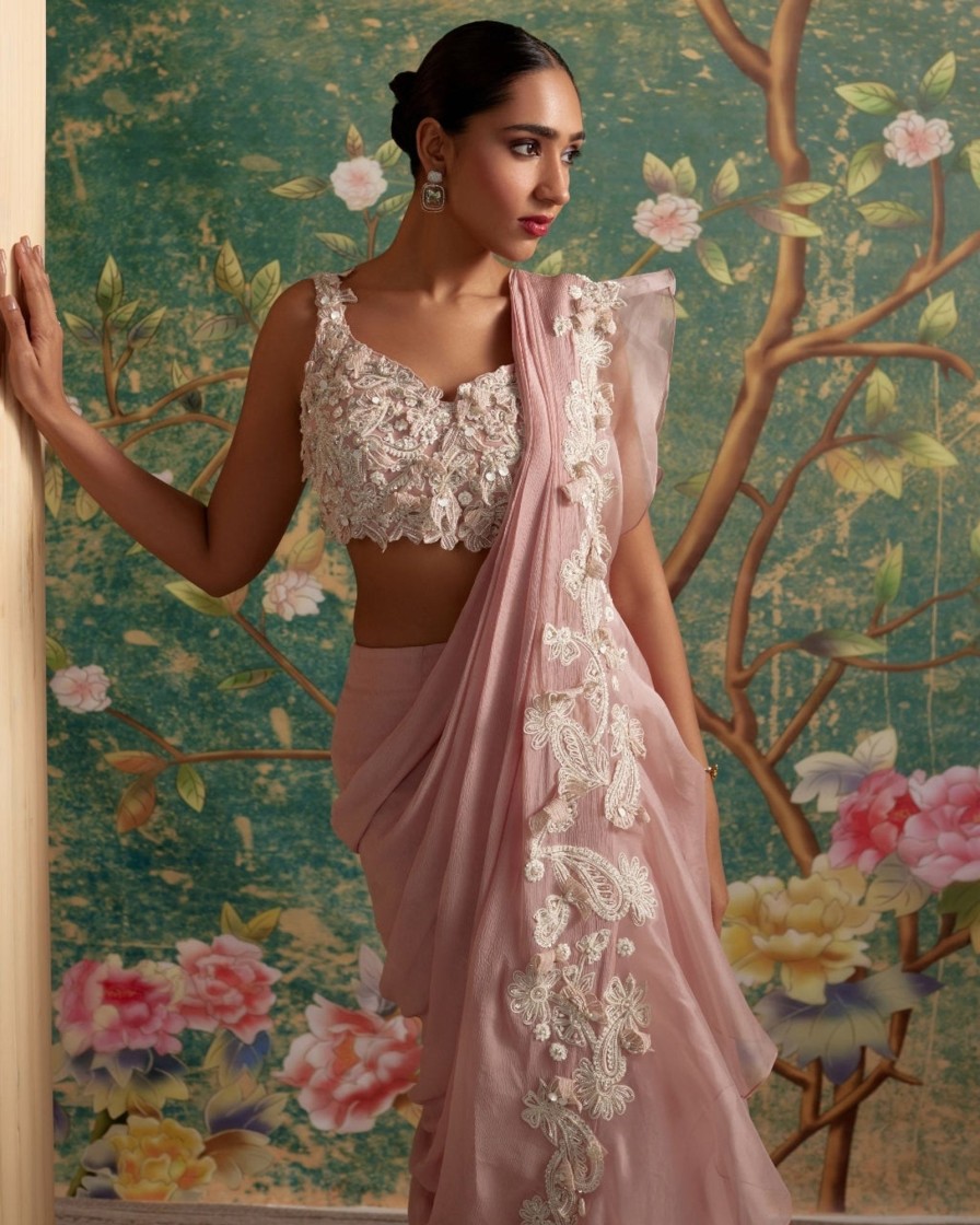 Womens Ridhi Mehra | Dusky Pink Dainty Sari Set