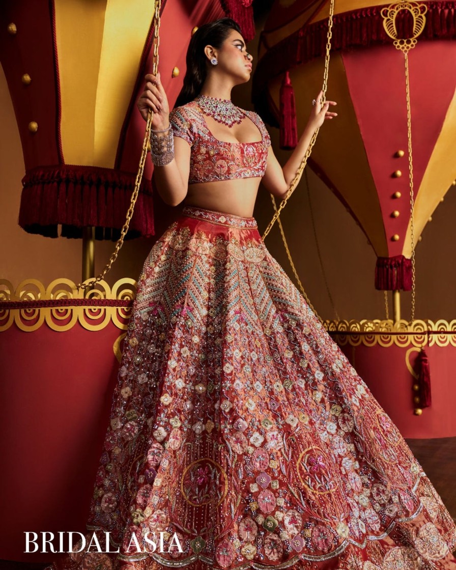 Bridal Aisha Rao | Red Trencadis Lehenga Set